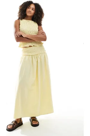 ASOS Falda larga amarillo pastel con cintura fruncida de mezcla de lino de