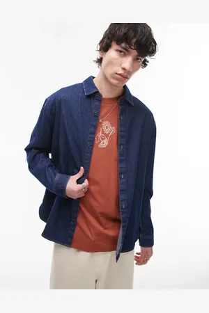 Topman Sobrecamisa vaquera de manga larga con lavado crudo de lona de -Azul