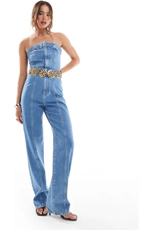 ASOS Mono vaquero largo medio lavado sin tirantes de