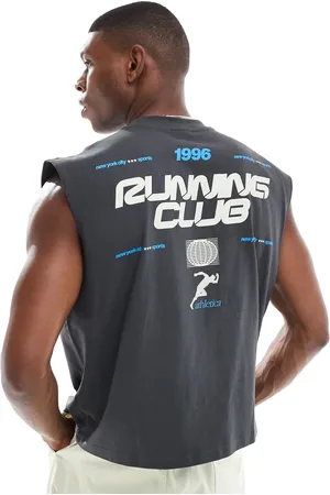ASOS Camiseta gris carbón sin mangas de corte cuadrado extragrande con estampado gráfico deportivo de tejido grueso de 220 g/m² de
