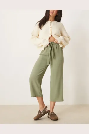 VILA Pantalones capri verde oliva de pernera recta con lazada en la cintura de