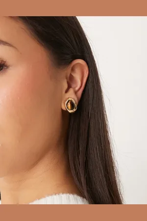 DesignB London Pendientes de botón dorados con piedra ámbar estilo ojo de tigre de