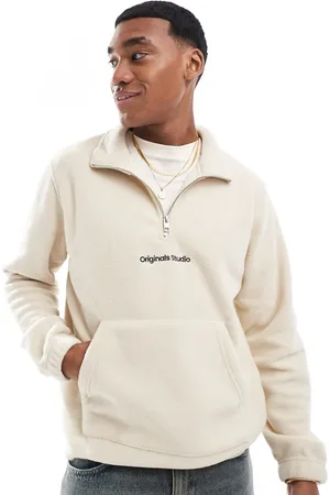 JACK & JONES Polar color con media cremallera y logo Originals de felpa de -Beis neutro