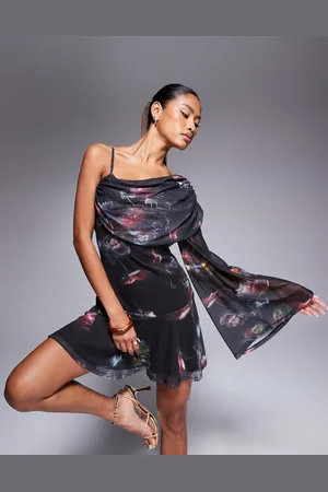 ASOS Vestido corto drapeado asimétrico con estampado floral difuminado de malla de -Multicolor