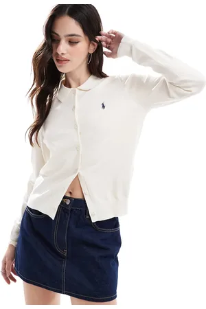 Ralph Lauren Cárdigan color crema con solapas, botones delanteros y logo de -Blanco