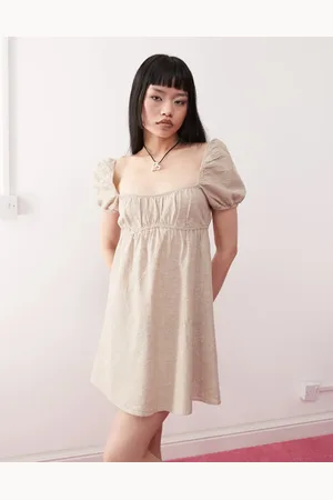 Monki Vestido corto con mangas abullonadas de mezcla de lino exclusivo en ASOS de -Neutro