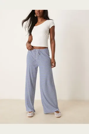 Gina Tricot Pantalones azules y blancos a rayas de pernera ancha con cordón ajustable en la cintura de punto muy suave de