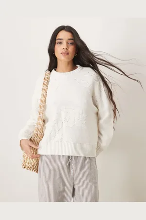 ASOS Jersey color con diseño floral calado y cuello redondo de punto de -Blanco