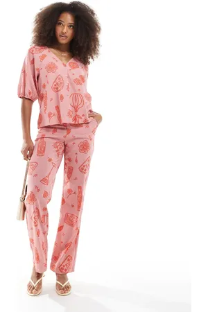 Object Pantalones rosas de talle alto y corte ancho con estampado de dibujos de (parte de un conjunto)