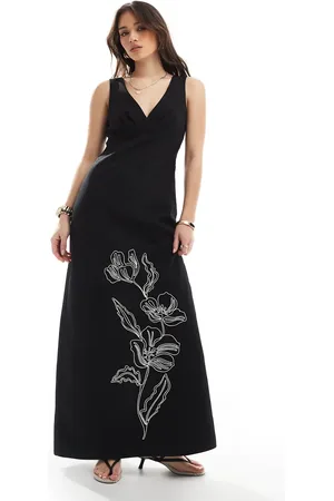4th & Reckless Vestido largo con cuello de pico y bordados florales de tejido efecto lino de