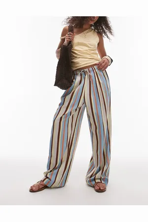 Topshop Pantalones azules a rayas multicolores de corte globo de mezcla de lino de