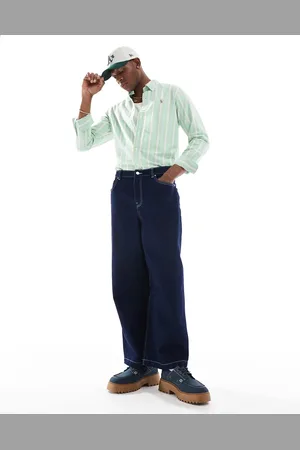 Ralph Lauren Camisa Oxford verde y blanca a rayas de corte custom con logo distintivo de