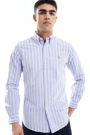 Ralph Lauren Camisa Oxford azul y rosa a rayas de corte custom con logo de