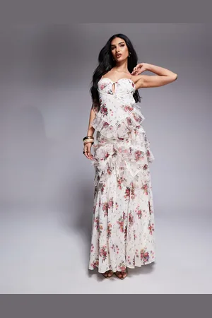 ASOS Vestido largo con estampado floral, ribete y volantes de -Blanco