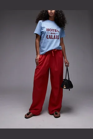 Topshop Pantalones rojos de corte globo de mezcla de lino de