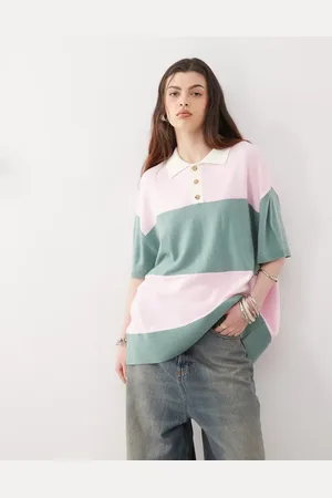 COLLUSION Polo rosa y verde a rayas de estilo rugby de punto de