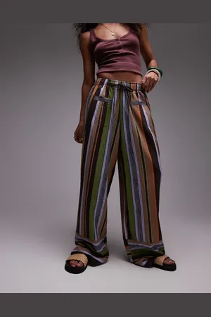 Topshop Pantalones marrones a rayas de pernera recta de mezcla de lino de