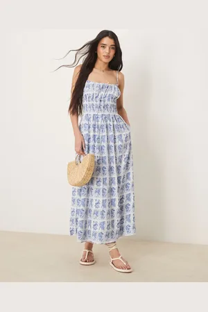Abercrombie & Fitch Vestido largo azul vaporoso con estampado de sellos de