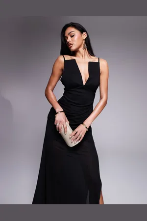 ASOS Vestido largo de tejido efecto neopreno con escote pronunciado y capa exterior de chifón elástico de
