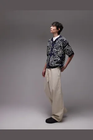 Topman Camisa y color crema holgada con bordado floral de tejido grueso de