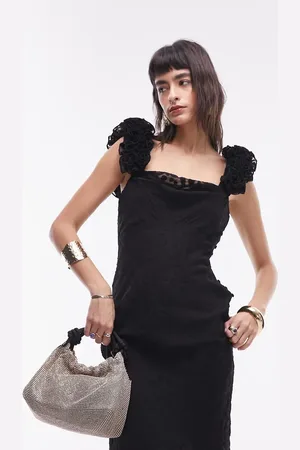 Topshop Vestido lencero largo con diseño de lunares de jacquard y volantes tridimensionales en los tirantes premium de