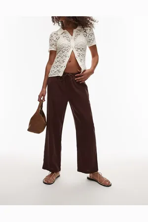Topshop Pantalones marrón de talle medio de mezcla de lino de