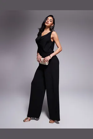 ASOS Mono largo de pernera ancha con cuello desbocado y detalles dorados de metal de