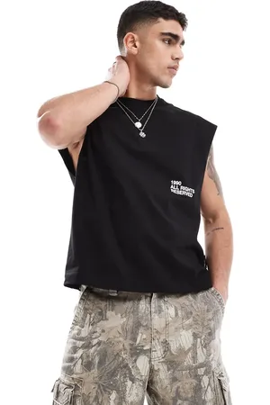 JACK & JONES Camiseta negra sin mangas de corte cuadrado extragrande de