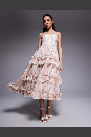 ASOS Vestido midi con estampado floral de jacquard, cuello halter y volante de -Blanco