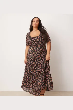 ASOS Vestido midi negro con escote corazón, abertura y estampado floral de ASOS DESIGN Curve-Multicolor