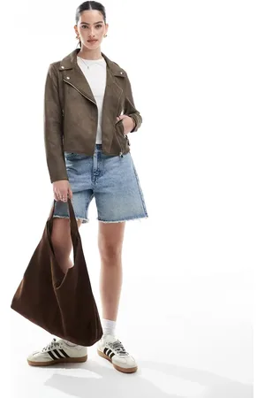 VERO MODA Chaqueta biker marrón chocolate con acabado lavado de cuero sintético de