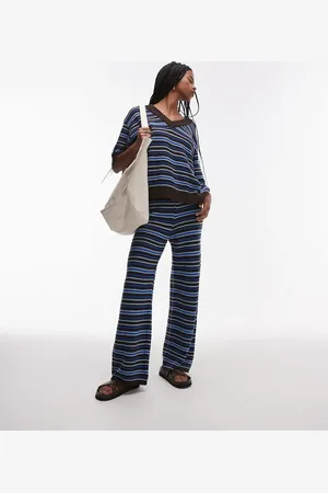Topshop Pantalones azules a rayas de pernera ancha de punto de (parte de un conjunto)