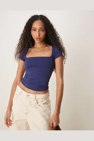 Free People Camiseta azul añil de corte depurado con diseño encogido y cuello cuadrado de