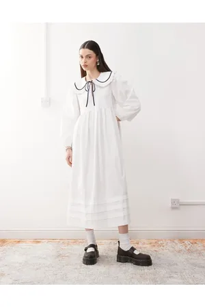Reclaimed Vestido midi de corte amplio con volantes en el cuello de popelina de