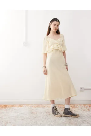 Reclaimed Vestido largo amarillo pastel con volantes de chifón de -Blanco