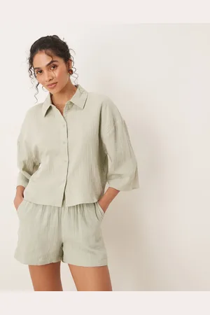 JDY Camisa corta verde salvia de bambula (parte de un conjunto)