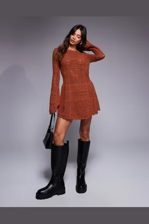 ASOS Vestido corto color tofe de manga larga de punto calado de -Neutro
