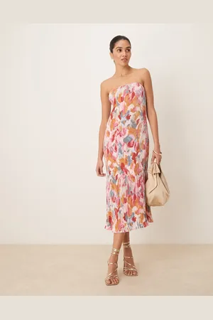 Abercrombie & Fitch Vestido largo amarillo abstracto sin tirantes con pliegues Giselle de