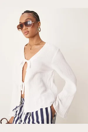 JDY Camisa blanca con lazada delantera de bambula de
