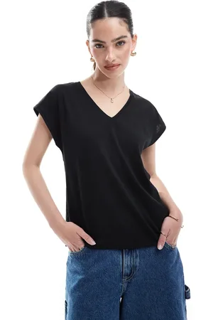 VERO MODA Camiseta negra de corte holgado extragrande con cuello de pico de