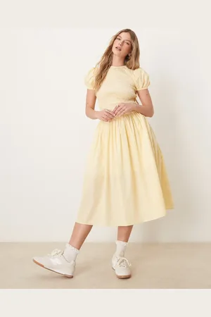 Glamorous Vestido semilargo amarillo a rayas con mangas abullonadas de -Multicolor