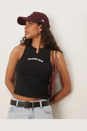Dickies Camiseta negra de corte alargado sin mangas con cuello de pico de