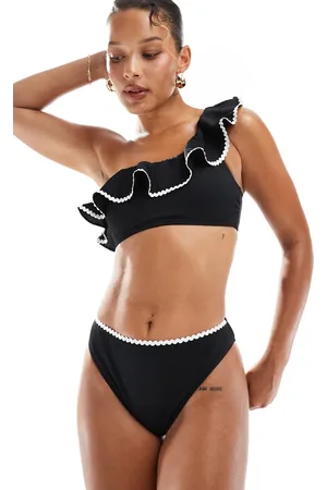 New Look Braguitas de bikini negras asimétricas con pespuntes de festón de