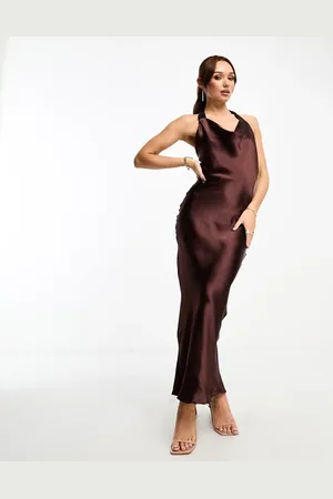 River Island Vestido midi con cuello halter de satén de -Brown