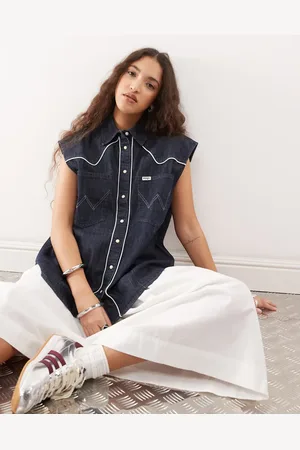 Wrangler Camisa vaquera azul oscuro sin mangas de estilo wéstern de