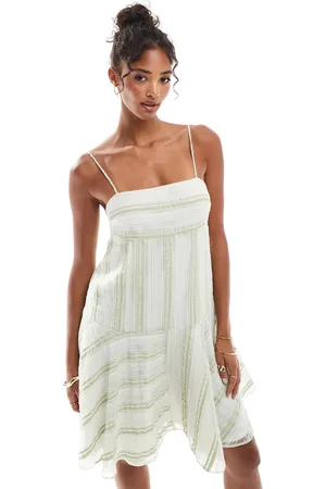 ASOS Vestido corto a rayas de tirantes con bajo asimétrico y escote cuadrado de devoré de organza de -Verde