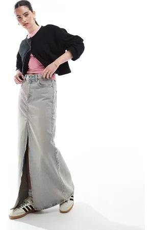 Dr Denim Falda vaquera midi con lavado claro envejecido y abertura delantera Myra de -Azul