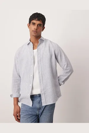 MANGO Camisa de vestir a rayas azules de lino de
