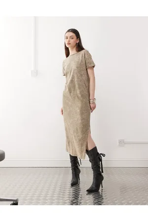 Noisy May Vestido semilargo salvia lavado estilo camiseta con abertura de
