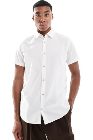 JJ Camisa blanca de manga corta de mezcla de lino de -Blanco